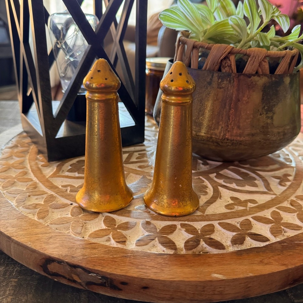Vintage Gold Ceramic Salt and Pepper Shakers Etched Floral Pattern 245 Set of 2